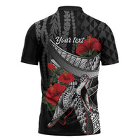 Hawaiian Honu Personalized Zipper Polo Shirt Black Tribal Hook Pattern
