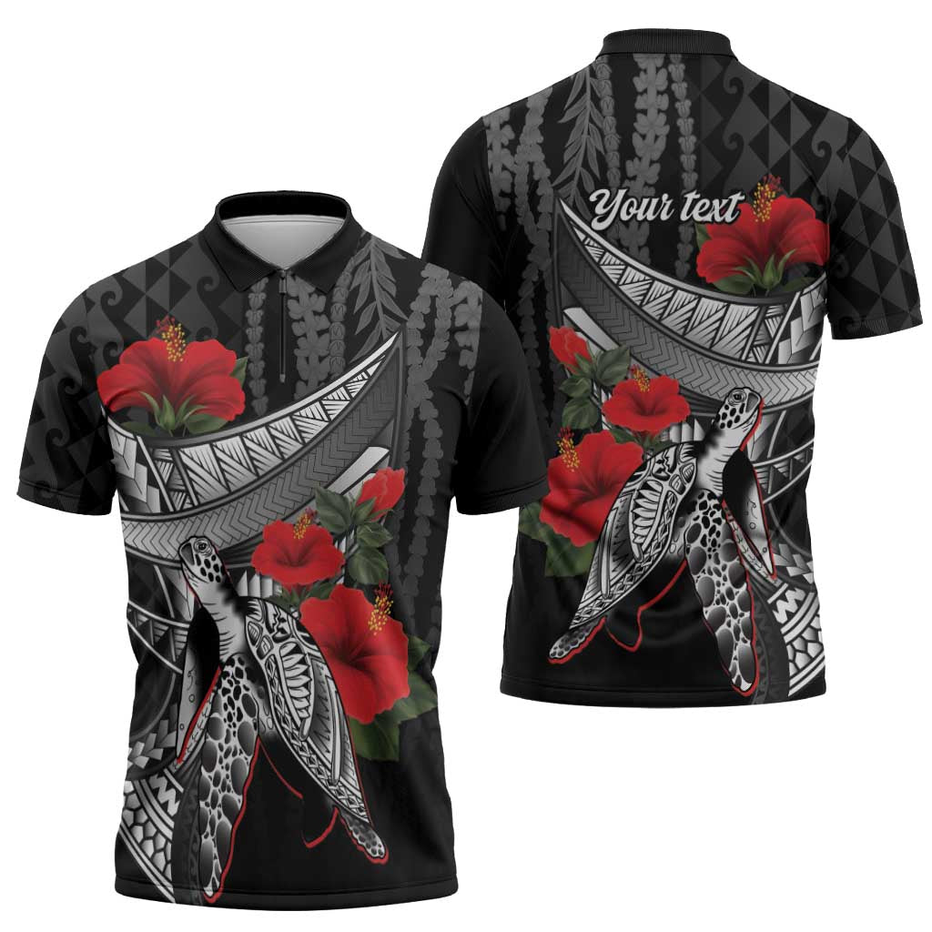 Hawaiian Honu Personalized Zipper Polo Shirt Black Tribal Hook Pattern