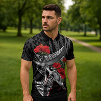 Hawaiian Honu Personalized Zipper Polo Shirt Black Tribal Hook Pattern