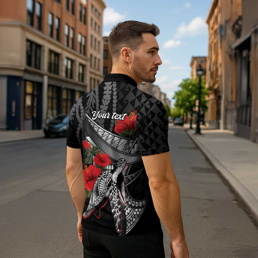 Hawaiian Honu Personalized Zipper Polo Shirt Black Tribal Hook Pattern