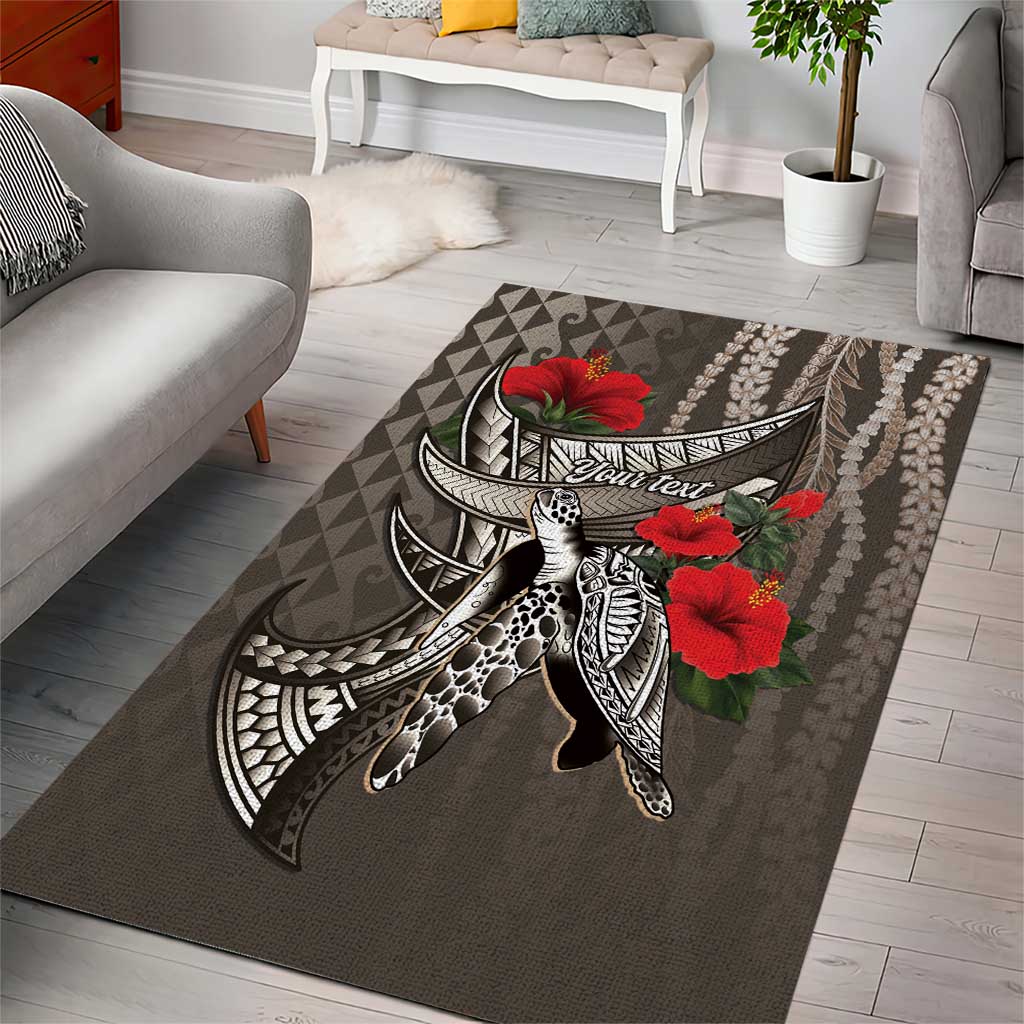 Hawaiian Honu Personalized Area Rug Mocha Mousse Hibiscus Tribal Hook Pattern LT9 - Polynesian Pride