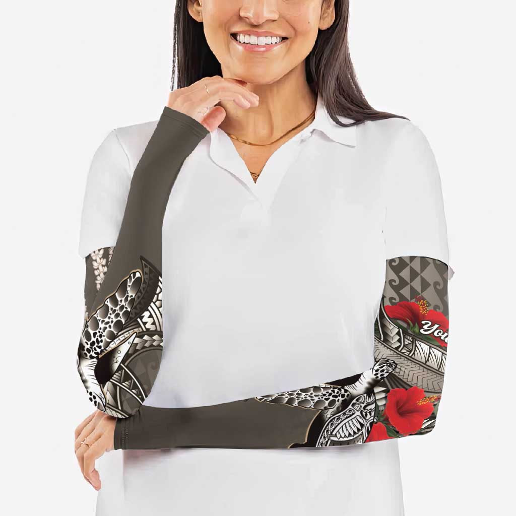 Hawaiian Honu Personalized Arm Sleeves Mocha Mousse Hibiscus Tribal Hook Pattern