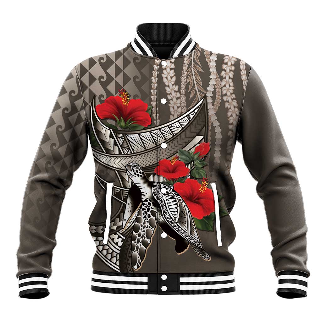 Hawaiian Honu Personalized Baseball Jacket Mocha Mousse Hibiscus Tribal Hook Pattern LT9 Unisex Mocha - Polynesian Pride
