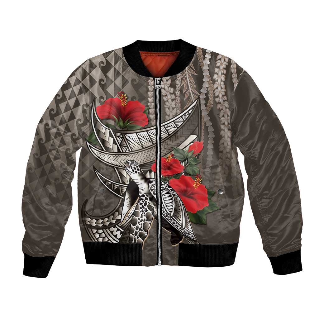 Hawaiian Honu Personalized Bomber Jacket Mocha Mousse Hibiscus Tribal Hook Pattern LT9 Unisex Mocha - Polynesian Pride