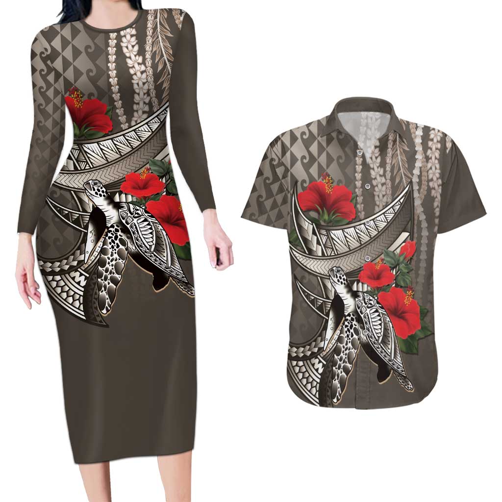 Hawaiian Honu Personalized Couples Matching Long Sleeve Bodycon Dress and Hawaiian Shirt Mocha Mousse Hibiscus Tribal Hook Pattern LT9 Mocha - Polynesian Pride