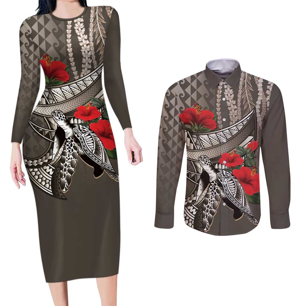 Hawaiian Honu Personalized Couples Matching Long Sleeve Bodycon Dress and Long Sleeve Button Shirt Mocha Mousse Hibiscus Tribal Hook Pattern LT9 Mocha - Polynesian Pride