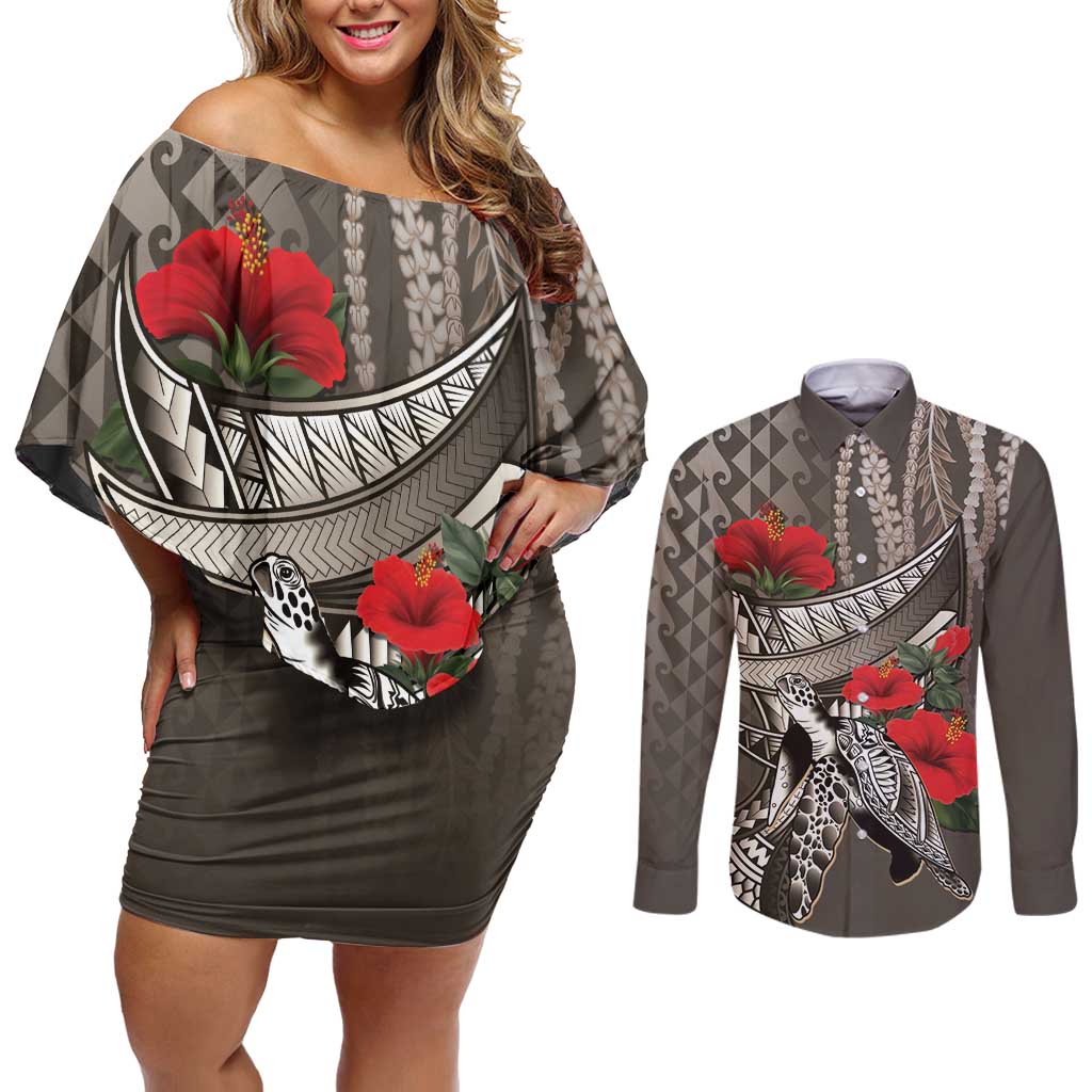 Hawaiian Honu Personalized Couples Matching Off Shoulder Short Dress and Long Sleeve Button Shirt Mocha Mousse Hibiscus Tribal Hook Pattern LT9 Mocha - Polynesian Pride