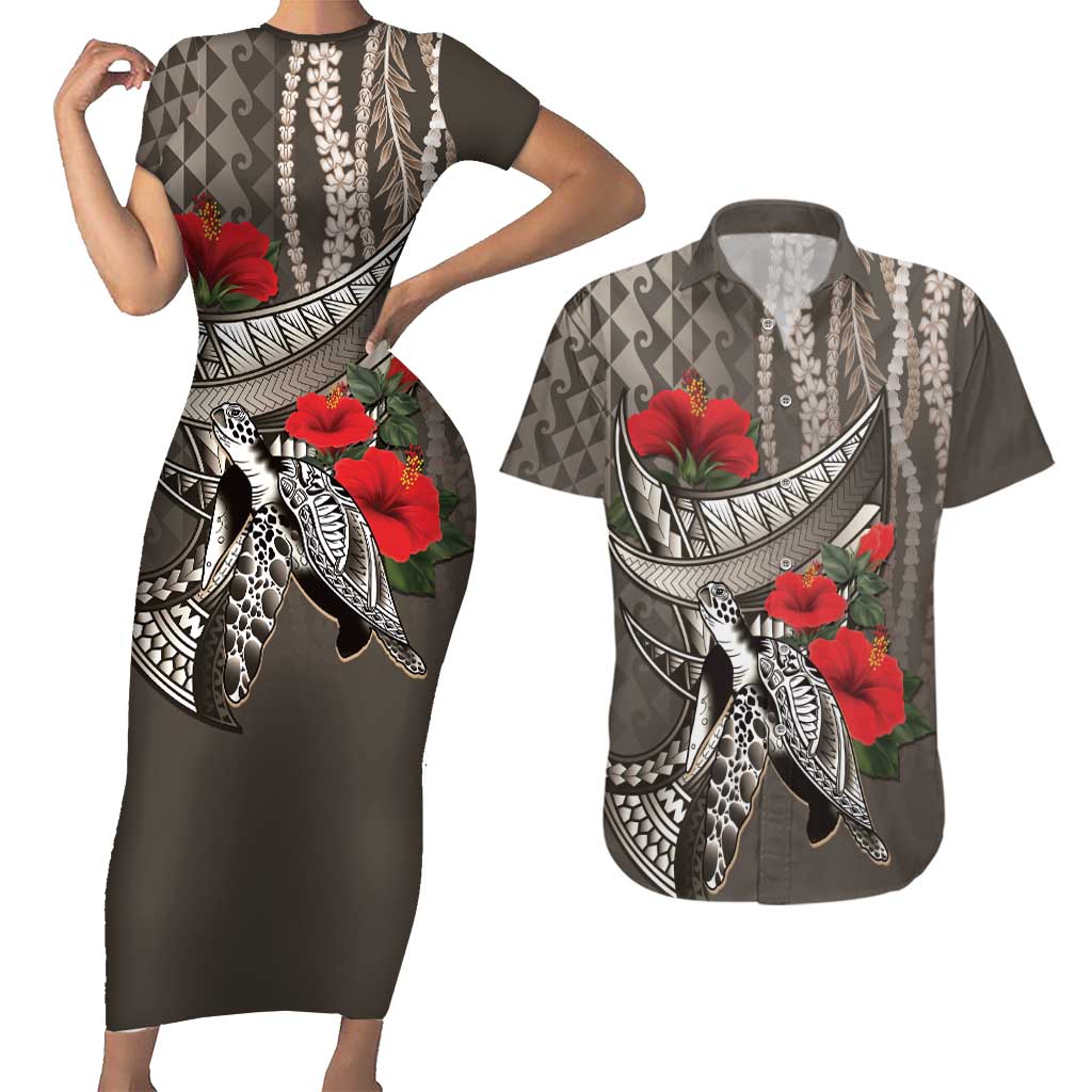 Hawaiian Honu Personalized Couples Matching Short Sleeve Bodycon Dress and Hawaiian Shirt Mocha Mousse Hibiscus Tribal Hook Pattern LT9 Mocha - Polynesian Pride