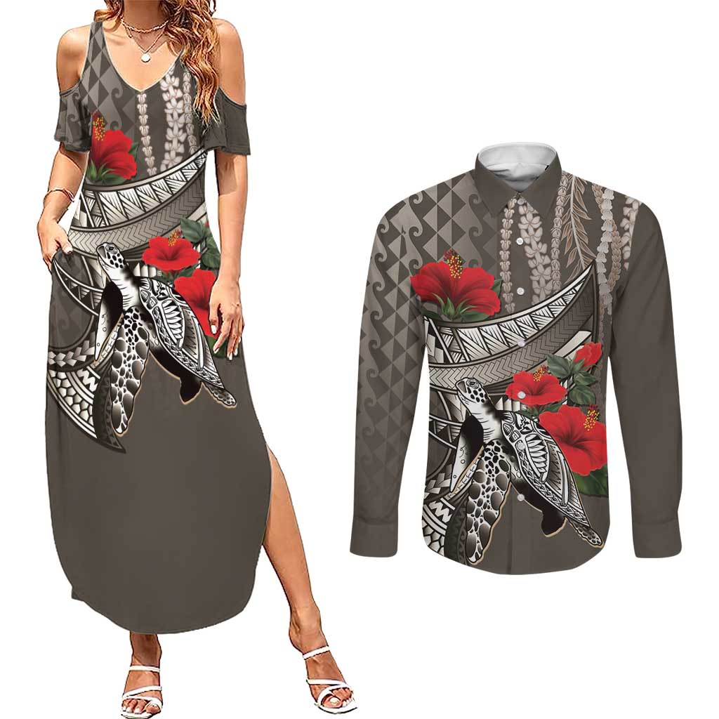Hawaiian Honu Personalized Couples Matching Summer Maxi Dress and Long Sleeve Button Shirt Mocha Mousse Hibiscus Tribal Hook Pattern