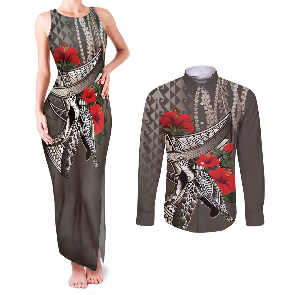 Hawaiian Honu Personalized Couples Matching Tank Maxi Dress and Long Sleeve Button Shirt Mocha Mousse Hibiscus Tribal Hook Pattern LT9 Mocha - Polynesian Pride