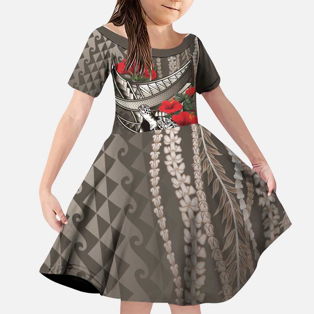 Hawaiian Honu Personalized Family Matching Long Sleeve Bodycon Dress and Hawaiian Shirt Mocha Mousse Hibiscus Tribal Hook Pattern LT9 Daughter's Dress Mocha - Polynesian Pride