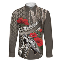 Hawaiian Honu Personalized Family Matching Off The Shoulder Long Sleeve Dress and Hawaiian Shirt Mocha Mousse Hibiscus Tribal Hook Pattern LT9 Dad's Shirt - Long Sleeve Mocha - Polynesian Pride
