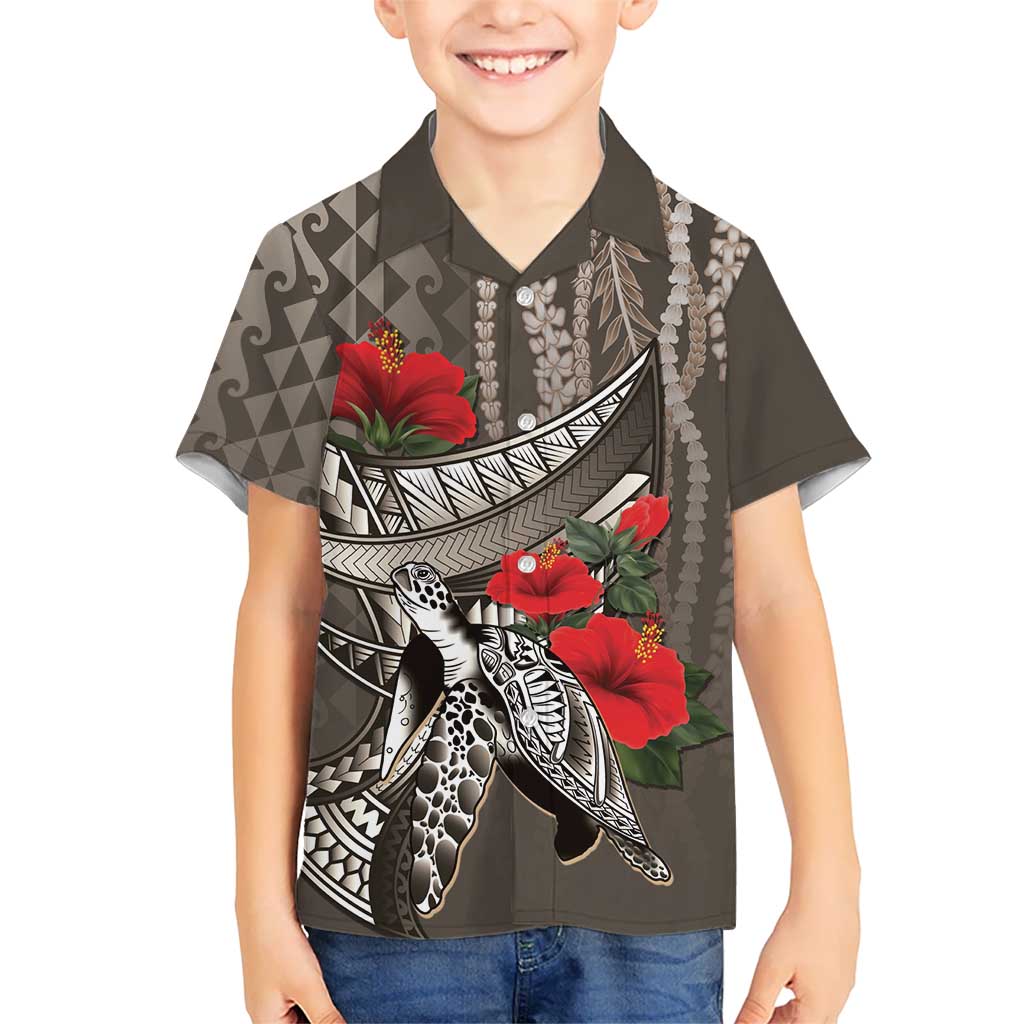 Hawaiian Honu Personalized Family Matching Off The Shoulder Long Sleeve Dress and Hawaiian Shirt Mocha Mousse Hibiscus Tribal Hook Pattern LT9 Son's Shirt Mocha - Polynesian Pride