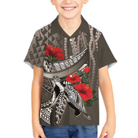 Hawaiian Honu Personalized Family Matching Off Shoulder Short Dress and Hawaiian Shirt Mocha Mousse Hibiscus Tribal Hook Pattern LT9 Son's Shirt Mocha - Polynesian Pride