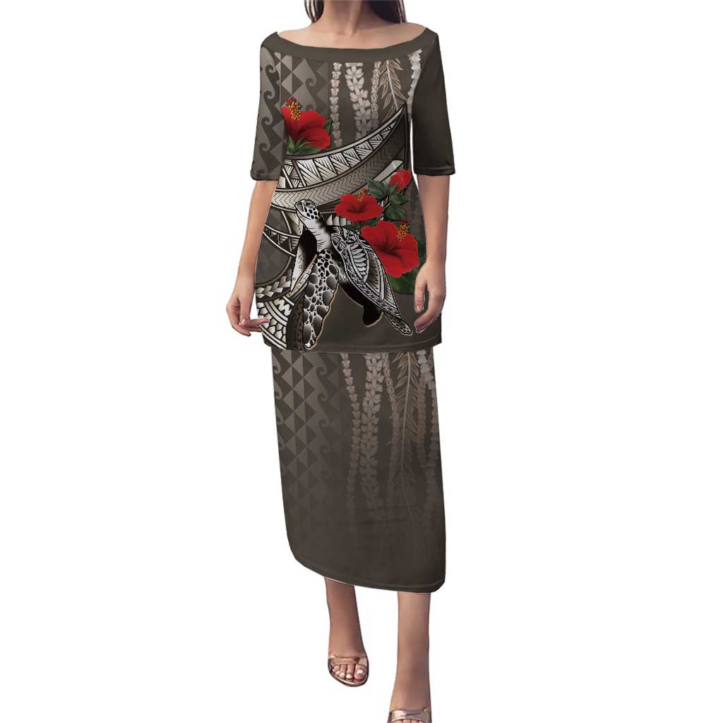 Hawaiian Honu Personalized Family Matching Puletasi and Hawaiian Shirt Mocha Mousse Hibiscus Tribal Hook Pattern LT9 Mom's Dress Mocha - Polynesian Pride