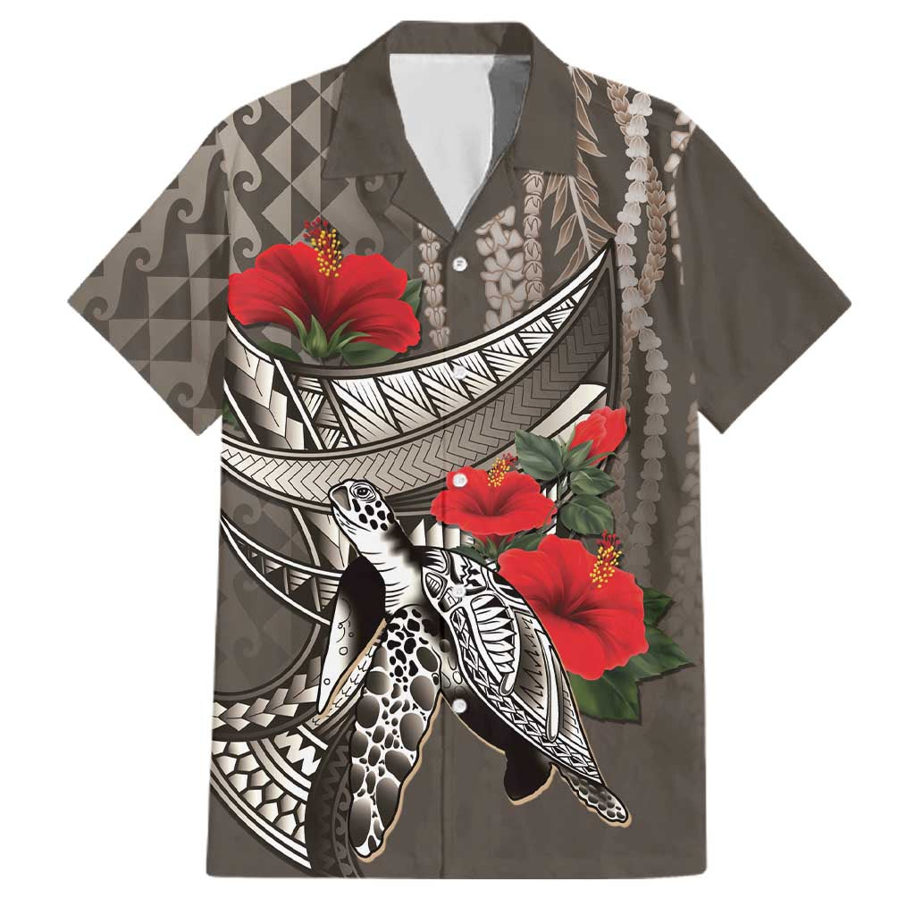 Hawaiian Honu Personalized Family Matching Summer Maxi Dress and Hawaiian Shirt Mocha Mousse Hibiscus Tribal Hook Pattern LT9 Dad's Shirt - Short Sleeve Mocha - Polynesian Pride