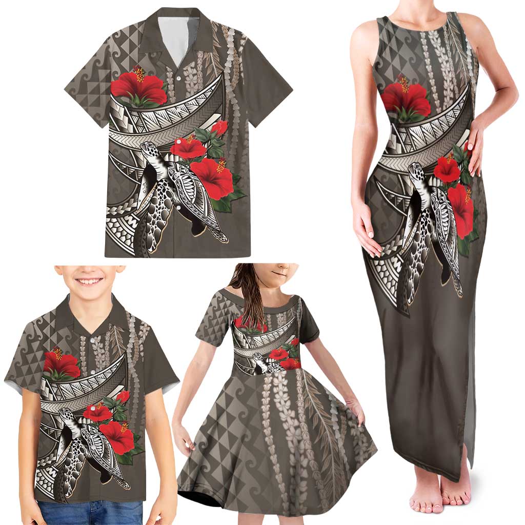 Hawaiian Honu Personalized Family Matching Tank Maxi Dress and Hawaiian Shirt Mocha Mousse Hibiscus Tribal Hook Pattern LT9 - Polynesian Pride