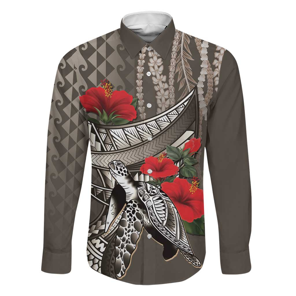 Hawaiian Honu Personalized Family Matching Tank Maxi Dress and Hawaiian Shirt Mocha Mousse Hibiscus Tribal Hook Pattern LT9 Dad's Shirt - Long Sleeve Mocha - Polynesian Pride
