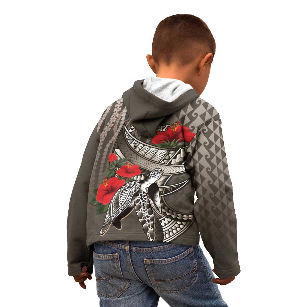 Hawaiian Honu Personalized Kid Hoodie Mocha Mousse Hibiscus Tribal Hook Pattern