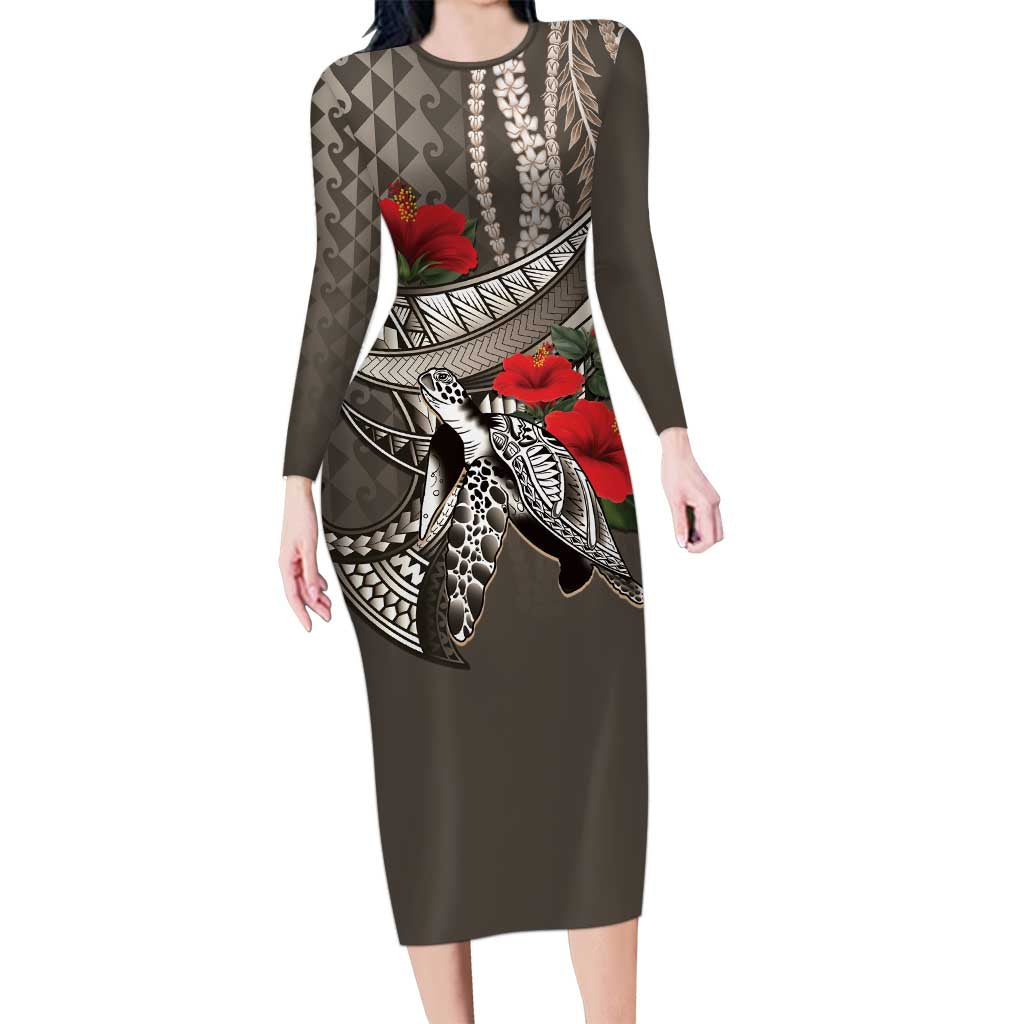 Hawaiian Honu Personalized Long Sleeve Bodycon Dress Mocha Mousse Hibiscus Tribal Hook Pattern