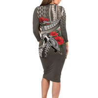 Hawaiian Honu Personalized Long Sleeve Bodycon Dress Mocha Mousse Hibiscus Tribal Hook Pattern