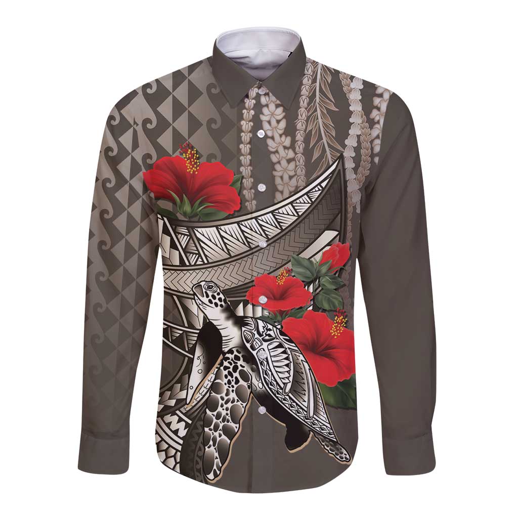 Hawaiian Honu Personalized Long Sleeve Button Shirt Mocha Mousse Hibiscus Tribal Hook Pattern LT9 Unisex Mocha - Polynesian Pride