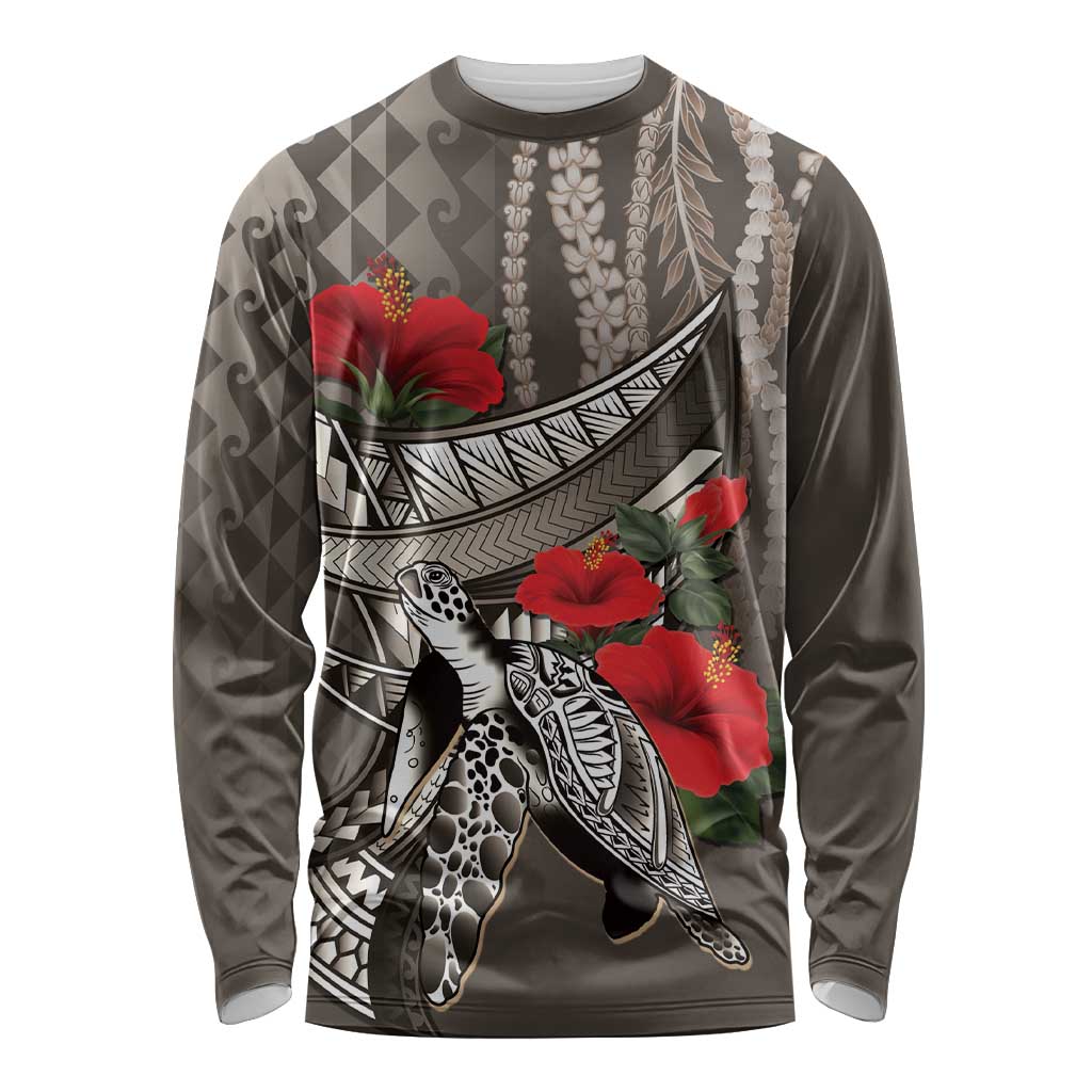 Hawaiian Honu Personalized Long Sleeve Shirt Mocha Mousse Hibiscus Tribal Hook Pattern LT9 Unisex Mocha - Polynesian Pride
