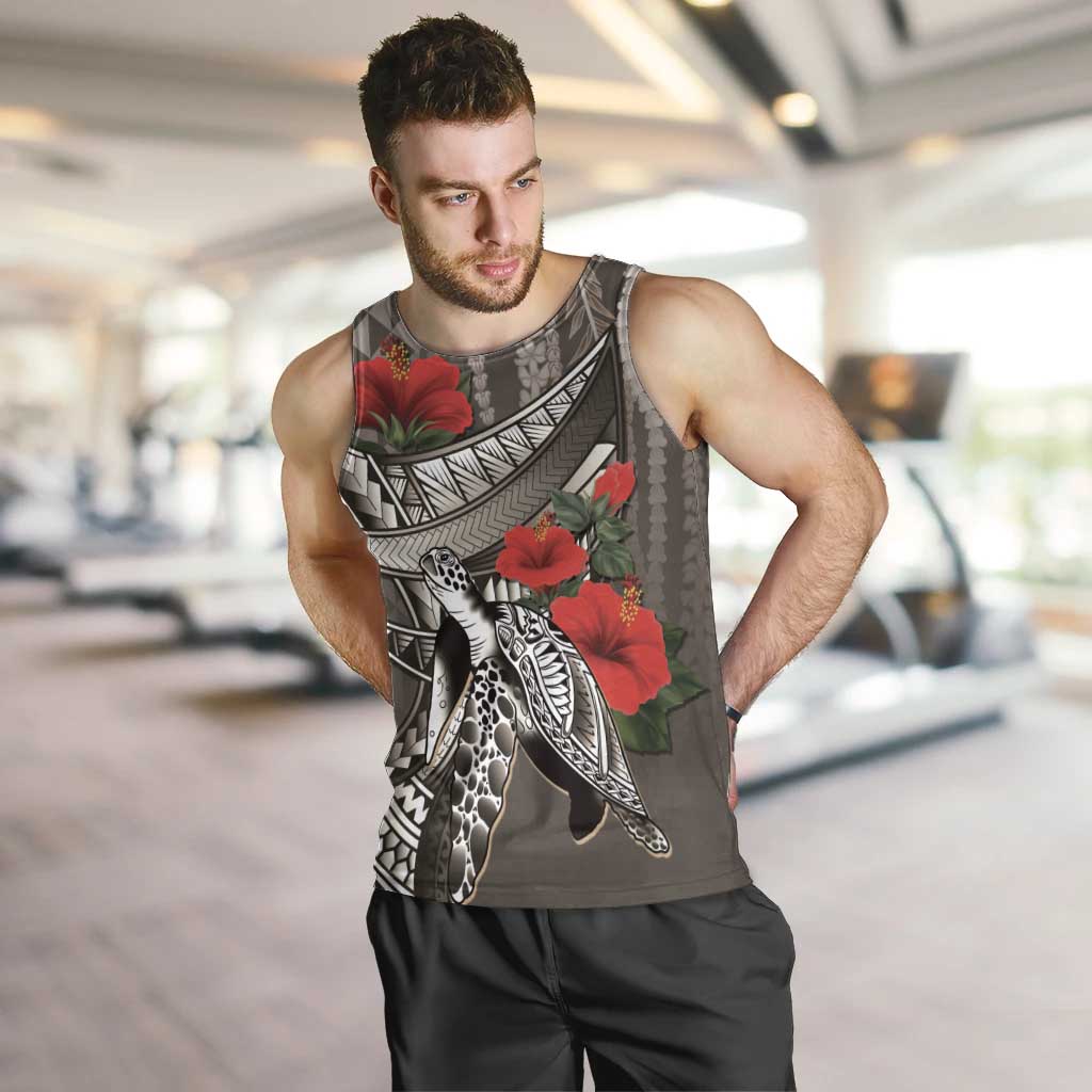 Hawaiian Honu Personalized Men Tank Top Mocha Mousse Hibiscus Tribal Hook Pattern
