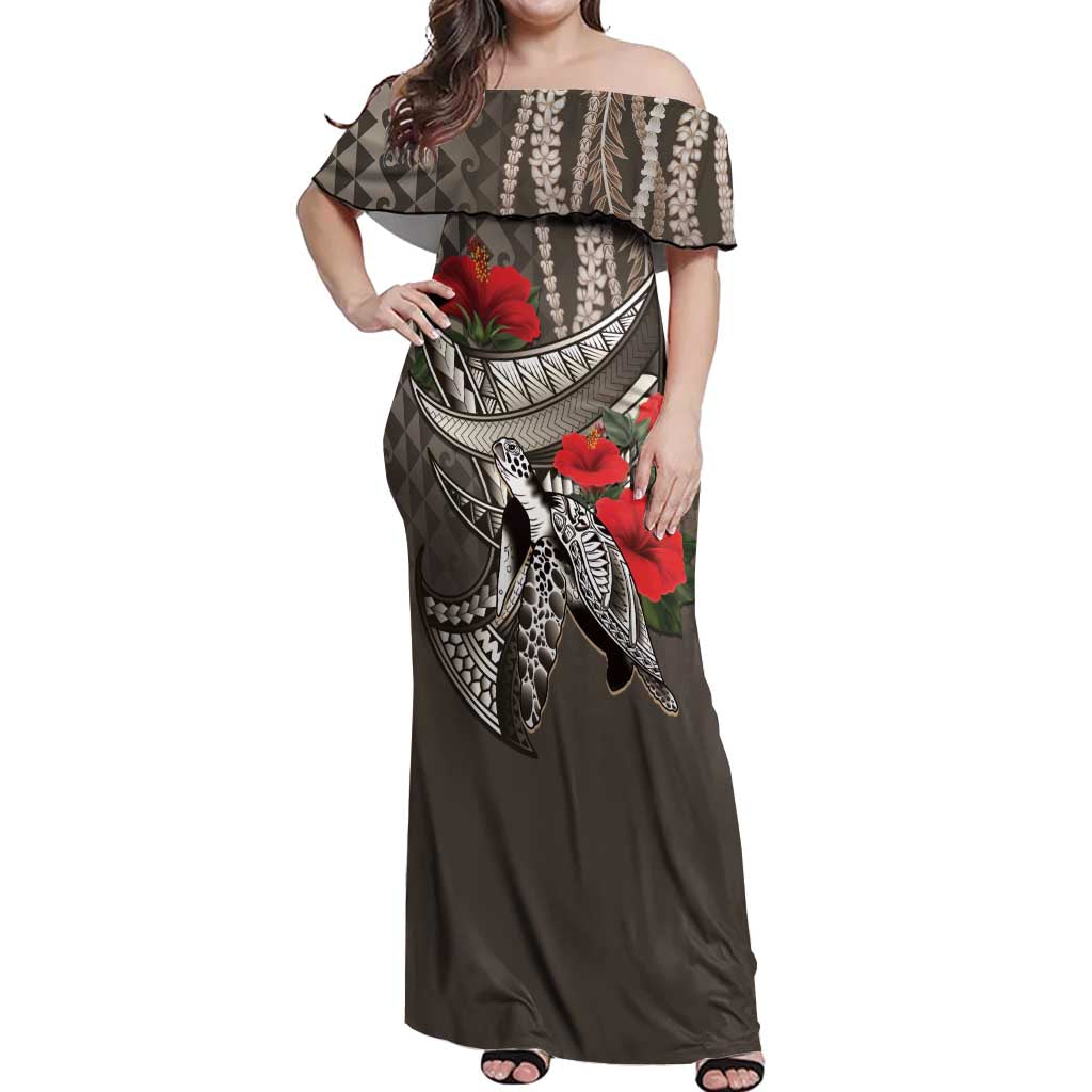 Hawaiian Honu Personalized Off Shoulder Maxi Dress Mocha Mousse Hibiscus Tribal Hook Pattern LT9 Women Mocha - Polynesian Pride