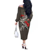 Hawaiian Honu Personalized Off The Shoulder Long Sleeve Dress Mocha Mousse Hibiscus Tribal Hook Pattern