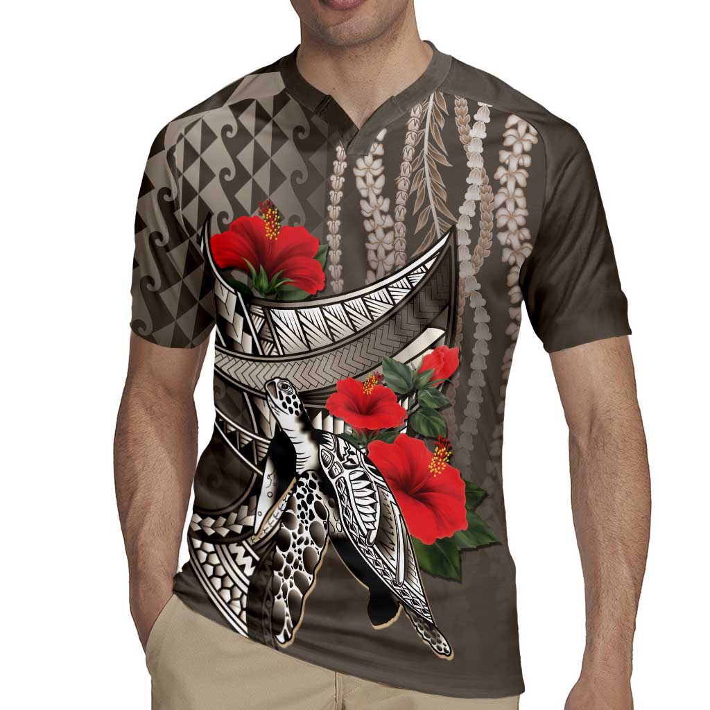 Hawaiian Honu Personalized Rugby Jersey Mocha Mousse Hibiscus Tribal Hook Pattern