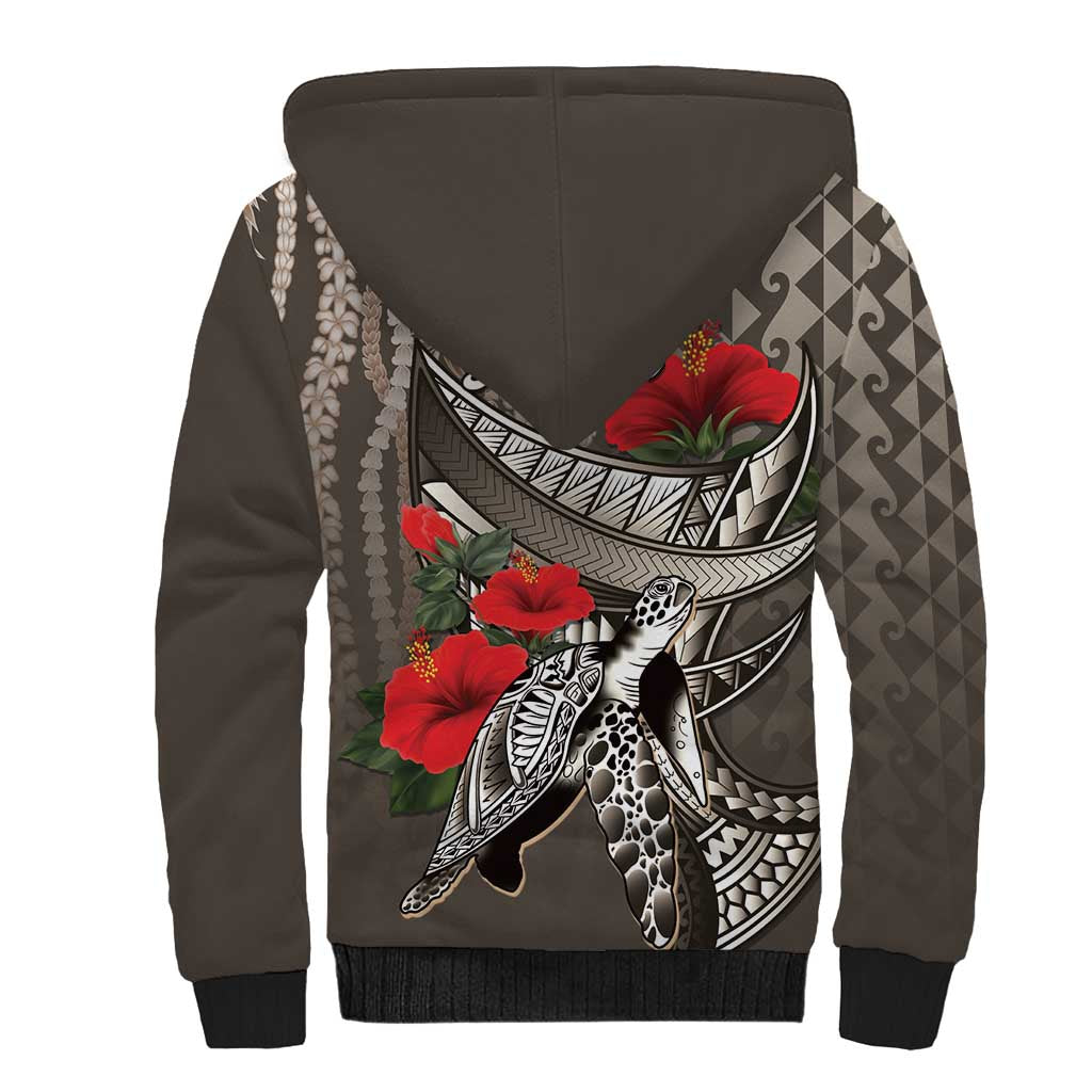 Hawaiian Honu Personalized Sherpa Hoodie Mocha Mousse Hibiscus Tribal Hook Pattern LT9 - Polynesian Pride