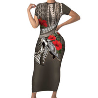 Hawaiian Honu Personalized Short Sleeve Bodycon Dress Mocha Mousse Hibiscus Tribal Hook Pattern