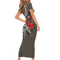 Hawaiian Honu Personalized Short Sleeve Bodycon Dress Mocha Mousse Hibiscus Tribal Hook Pattern