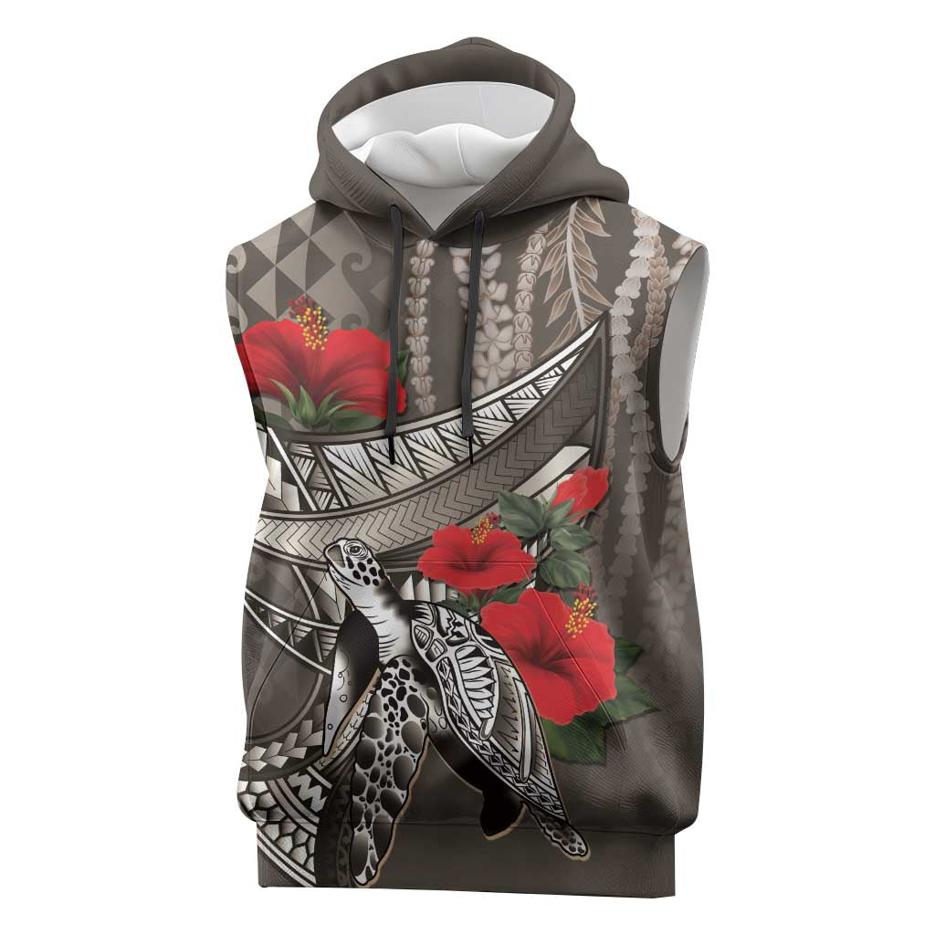 Hawaiian Honu Personalized Sleeveless Hoodie Mocha Mousse Hibiscus Tribal Hook Pattern