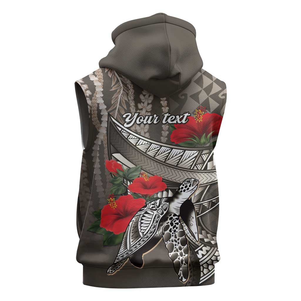 Hawaiian Honu Personalized Sleeveless Hoodie Mocha Mousse Hibiscus Tribal Hook Pattern