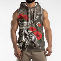 Hawaiian Honu Personalized Sleeveless Hoodie Mocha Mousse Hibiscus Tribal Hook Pattern