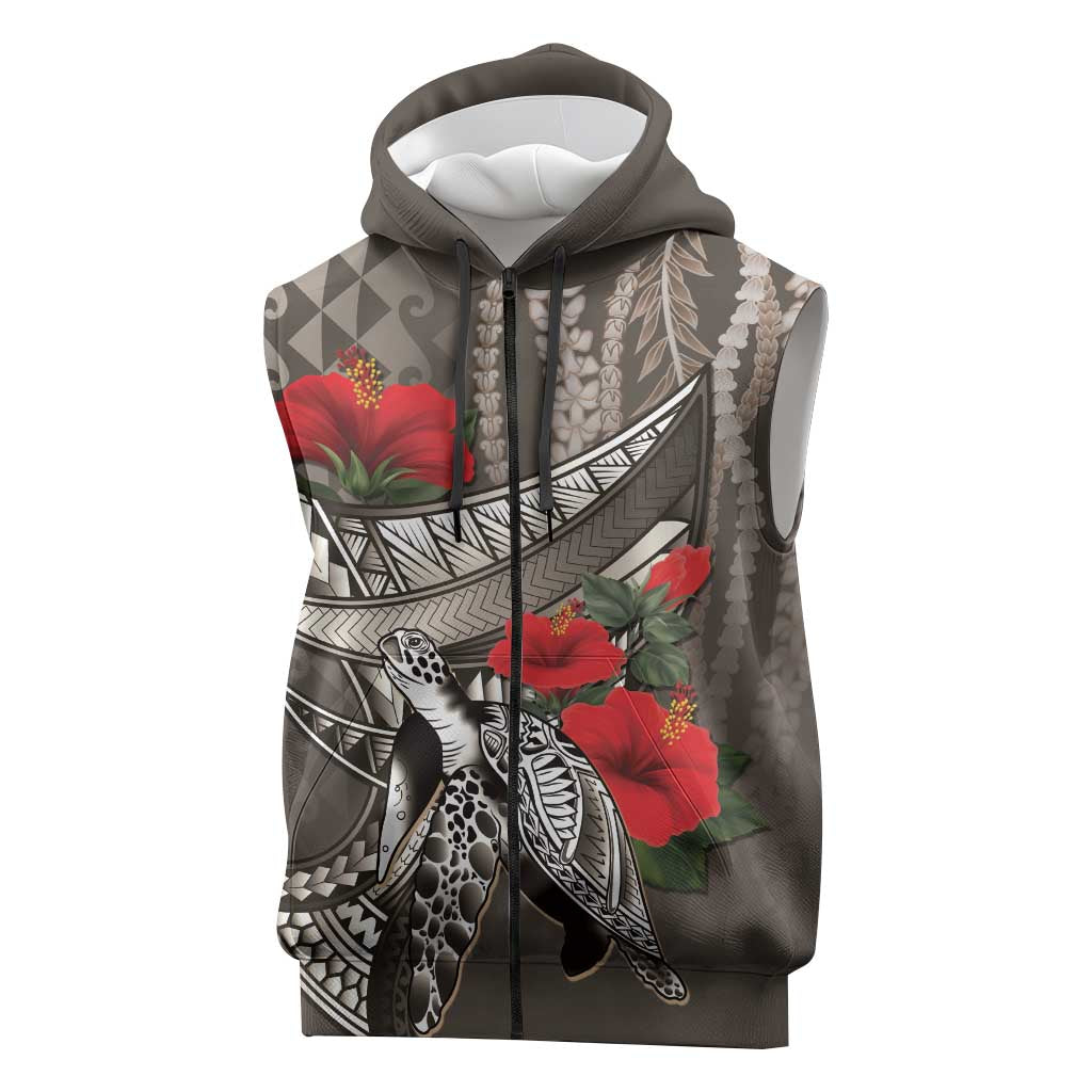 Hawaiian Honu Personalized Sleeveless Zip Hoodie Mocha Mousse Hibiscus Tribal Hook Pattern LT9 Mocha - Polynesian Pride
