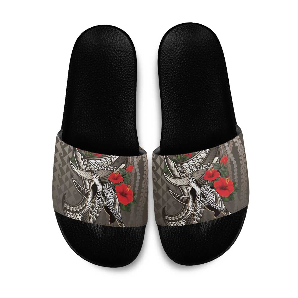 Hawaiian Honu Personalized Slide Sandals Mocha Mousse Hibiscus Tribal Hook Pattern