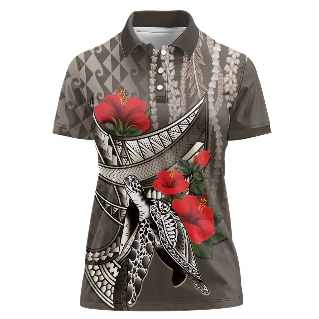 Hawaiian Honu Personalized Women Polo Shirt Mocha Mousse Hibiscus Tribal Hook Pattern
