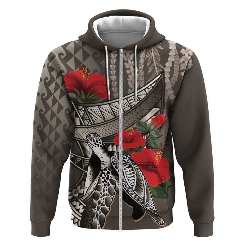 Hawaiian Honu Personalized Zip Hoodie Mocha Mousse Hibiscus Tribal Hook Pattern LT9 Zip Hoodie Mocha - Polynesian Pride