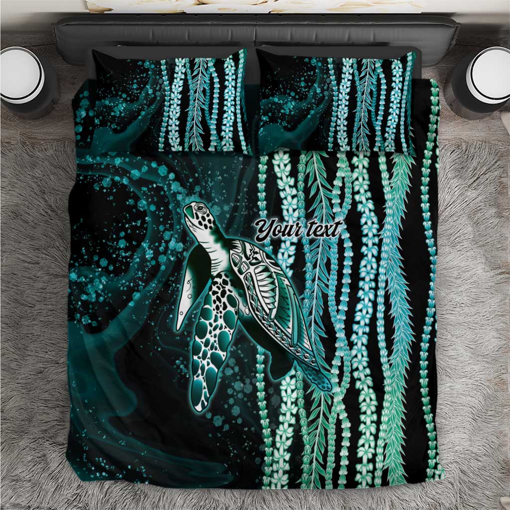 Hawaiian Honu Personalized Bedding Set Dark Cyan Maile Pikake Flower Lei Inspired