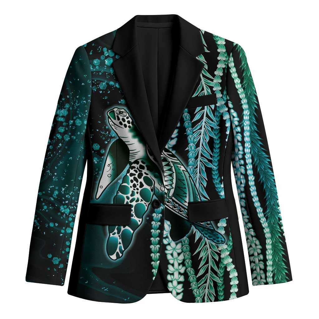 Hawaiian Honu Personalized Blazer Dark Cyan Maile Pikake Flower Lei Inspired