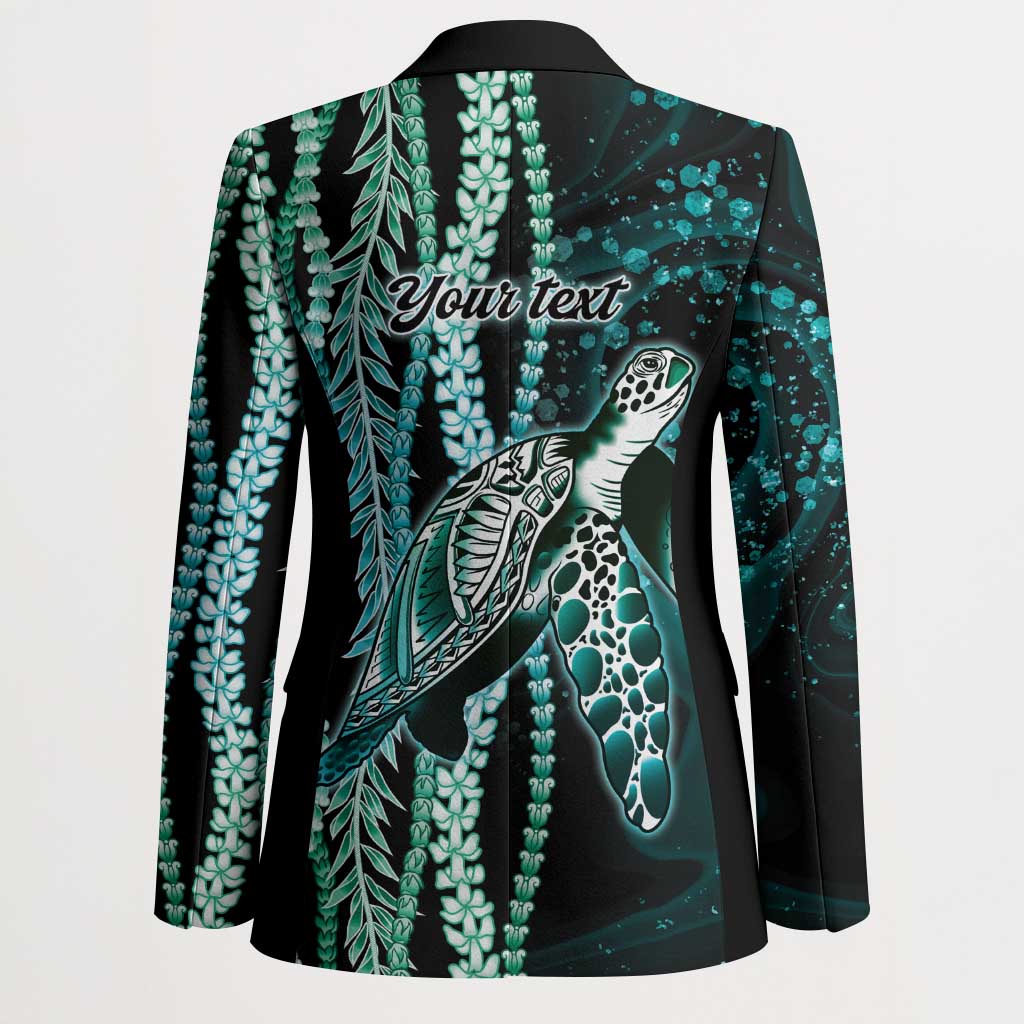 Hawaiian Honu Personalized Blazer Dark Cyan Maile Pikake Flower Lei Inspired