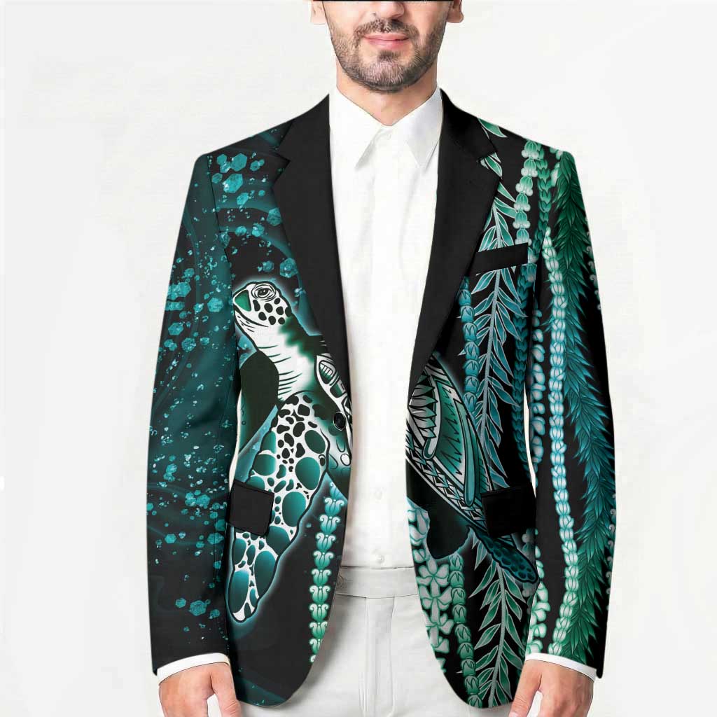 Hawaiian Honu Personalized Blazer Dark Cyan Maile Pikake Flower Lei Inspired
