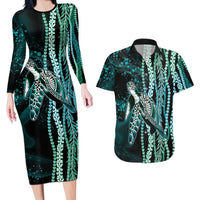 Hawaiian Honu Personalized Couples Matching Long Sleeve Bodycon Dress and Hawaiian Shirt Dark Cyan Maile Pikake Flower Lei Inspired