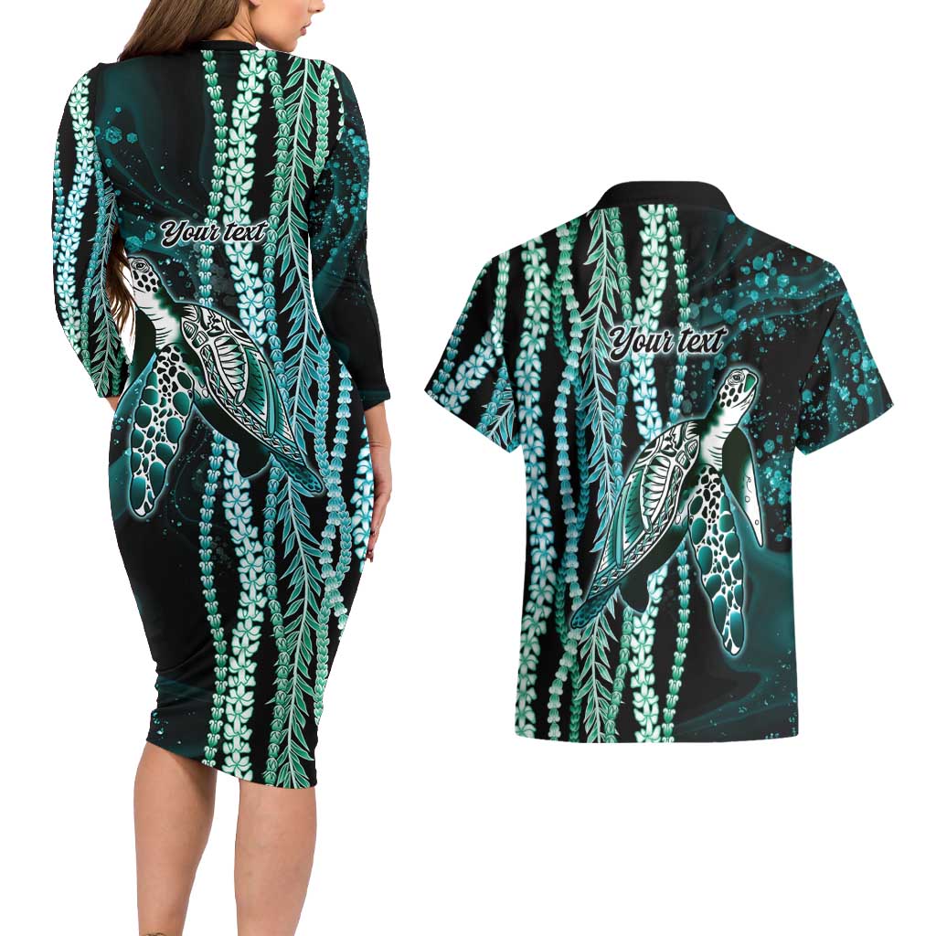 Hawaiian Honu Personalized Couples Matching Long Sleeve Bodycon Dress and Hawaiian Shirt Dark Cyan Maile Pikake Flower Lei Inspired