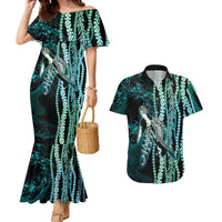 Hawaiian Honu Personalized Couples Matching Mermaid Dress and Hawaiian Shirt Dark Cyan Maile Pikake Flower Lei Inspired