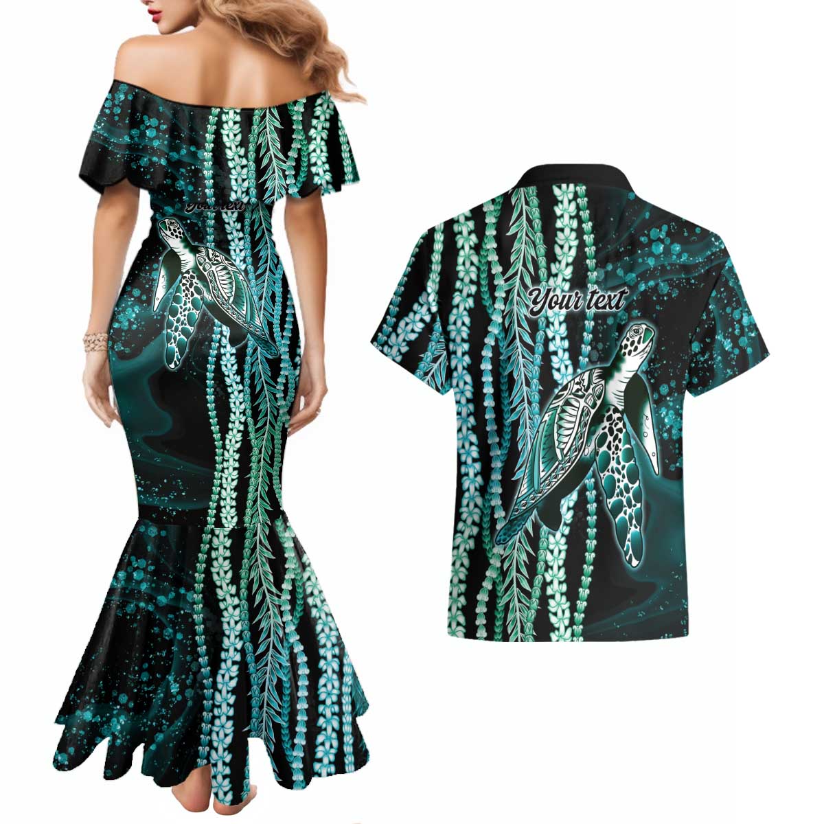 Hawaiian Honu Personalized Couples Matching Mermaid Dress and Hawaiian Shirt Dark Cyan Maile Pikake Flower Lei Inspired