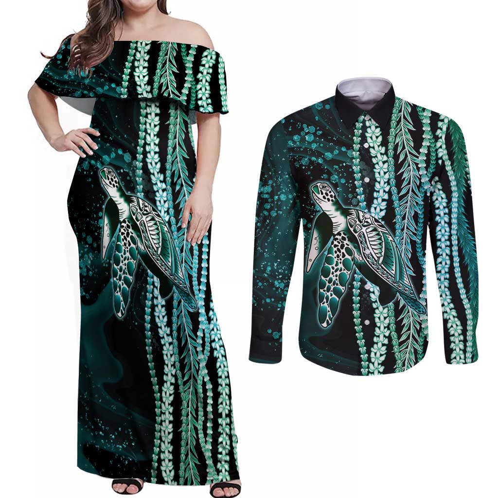 Hawaiian Honu Personalized Couples Matching Off Shoulder Maxi Dress and Long Sleeve Button Shirt Dark Cyan Maile Pikake Flower Lei Inspired